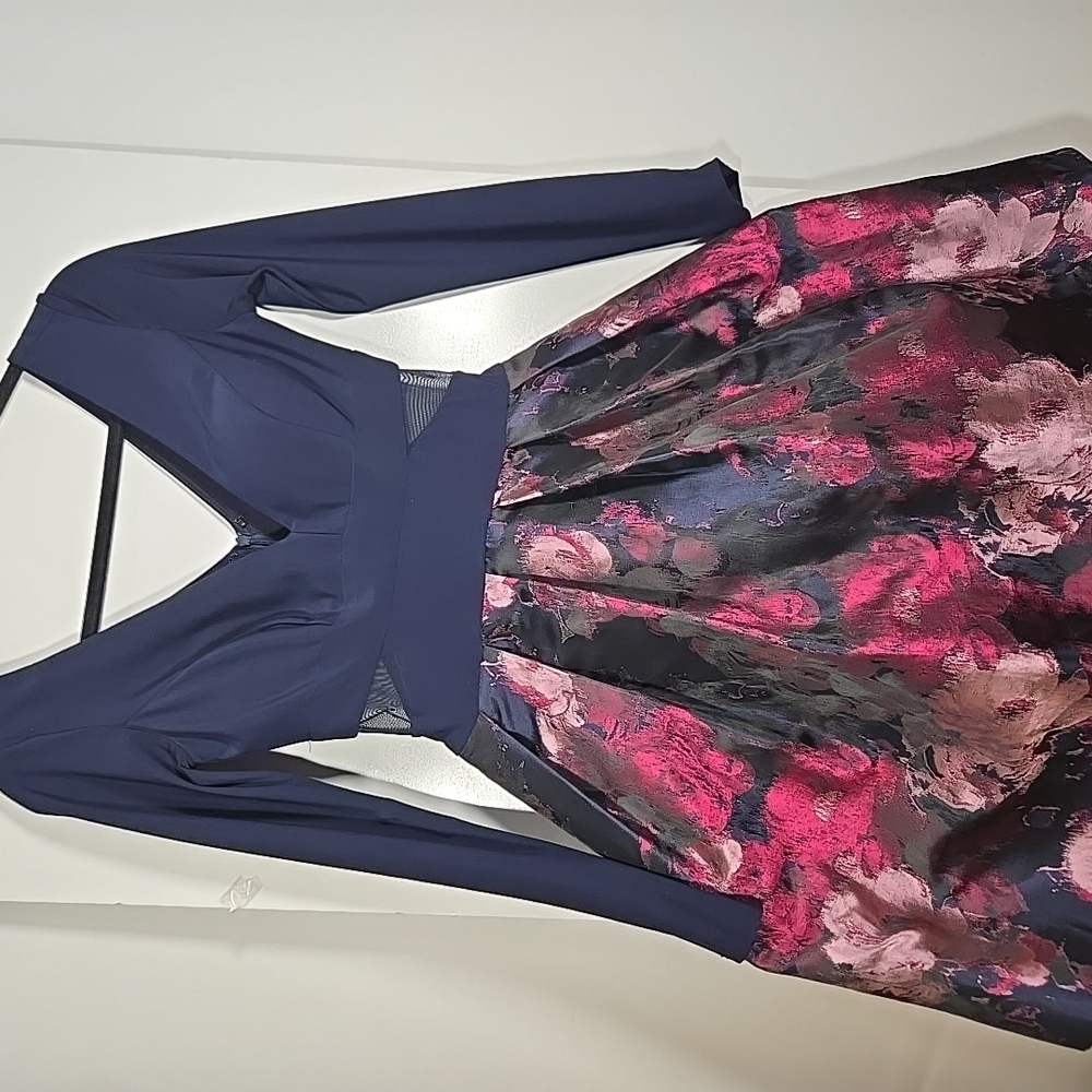 Xscape Blue and Pink Fit and Flare Dress Sleeveless Plunge